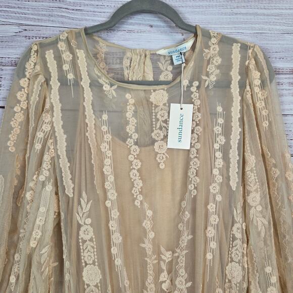 Sundance Silk Seaspell Midi Dress PM Cream Embroidered Lace Sheer Ethereal NWT - Picture 4 of 16